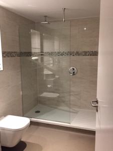 惠特比威瑟斯本安琪尔酒店的浴室设有玻璃淋浴间和卫生间