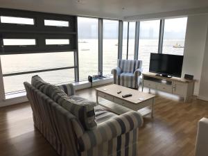 爱丁堡爱丁堡西港公寓的带沙发和电视并享有水景的客厅
