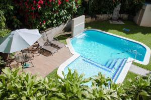 圣萨尔瓦多Hotel Gardenia Inn的一座带遮阳伞和椅子的空游泳池
