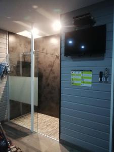 布鲁日Kuai Guestroom Brugge的带淋浴的浴室以及墙上的电视。