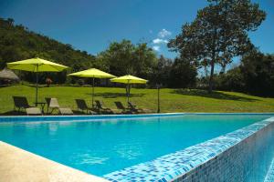 SauceSauce Lodge - Laguna Azul的一个带椅子和遮阳伞的游泳池