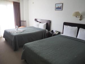 圣何塞纽沃马拉家托旅馆酒店的酒店客房设有两张床和窗户。