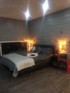 布鲁日Kuai Guestroom Brugge的卧室配有一张挂在墙上的灯光床。