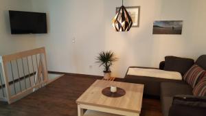BirkenfeldeFerienhaus: "Casa de Summer"的带沙发和咖啡桌的客厅
