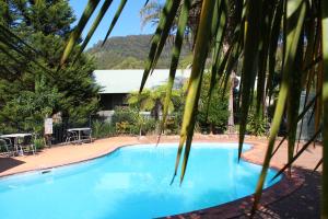 袋鼠谷Kangaroo Valley Golf and Country Retreat的一个带桌椅的大型蓝色游泳池