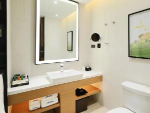 珠海珠海诚丰广场希尔顿欢朋酒店的一间带水槽和镜子的浴室