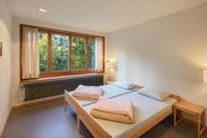 格林德尔瓦尔德格林德瓦青年旅舍的一间卧室设有两张床和窗户。