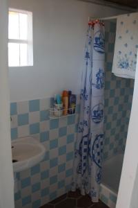 西尔韦斯西尔韦斯历史屋酒店的浴室配有淋浴帘和盥洗盆。