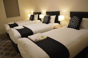 泰恩河畔纽卡斯尔The Townhouse Newcastle的酒店客房设有三张床和两盏灯。