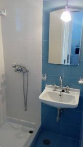 加利萨斯Korali apartments的蓝色和白色的浴室设有水槽和淋浴