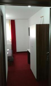 Novi TravnikMotel/Hostel Dreams的一间设有一张床的卧室,铺有红地毯
