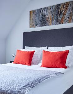HuldenbergB&B Park7 Wavre - Leuven的一间卧室配有红色枕头的床