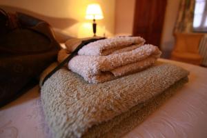 Cadepiaggio卡萨梅利酒店的床上的一大堆毛巾