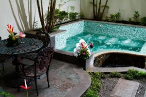 圣何塞Rincon del Valle Hotel & Suites的一个带桌子和桌椅的小型游泳池