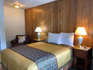 南太浩湖雪松套房酒店的酒店客房,配有一张床、椅子和灯具