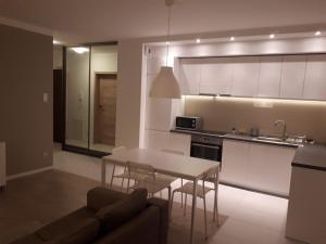 克拉科夫Wielicka Apartment 2的厨房以及带桌子和沙发的客厅。