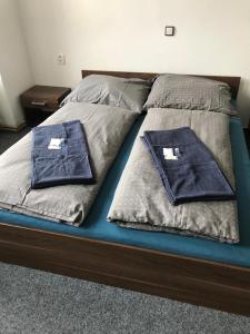 比尔森Penzion malých pivovarů的一张带两个蓝色枕头的床