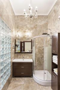 敖德萨Hotel Baron的一间带水槽、淋浴和镜子的浴室