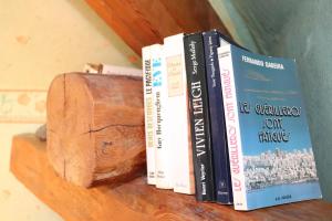 尚普索地区圣博内Le Cairn Chambres & Table d'hôtes的三本书坐在木架上
