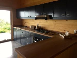 富特罗诺Casa La Trafa的厨房配有黑色橱柜和台面