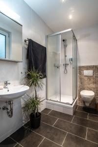 皮尔马森斯马特兹酒店的带淋浴、盥洗盆和卫生间的浴室