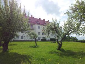 赖特维克乌特比格登斯旅舍的一座大白色房子,在田野里种有树木