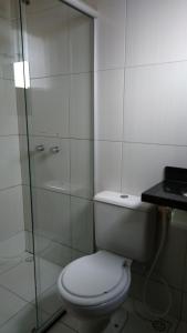 特林达迪Pousada Santana - Trindade Goiás的一间带卫生间和玻璃淋浴间的浴室