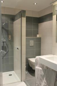 希伯维列Hotel Restaurant 3 Châteaux的带淋浴、卫生间和盥洗盆的浴室
