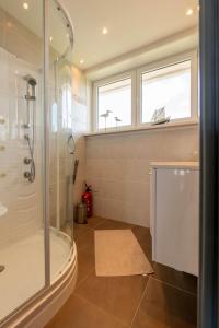 布列登Panoramic & Modern apartment with sea view的带淋浴和玻璃淋浴间的浴室