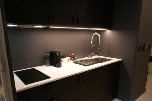 萨格勒布Fingerprint Tree Apartments - Delux的厨房柜台设有水槽和微波炉