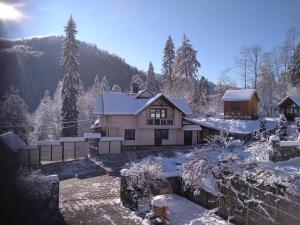 科索夫Villa Medova的一座被雪覆盖的房屋,里面种满了树木和山脉