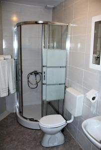 库蒂纳LONJSKI DVORI的带淋浴、卫生间和盥洗盆的浴室