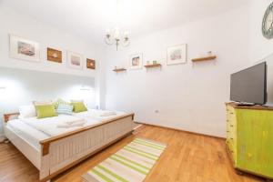 锡比乌BonTon Apartments Sibiu的一间卧室配有一张床和一台平面电视