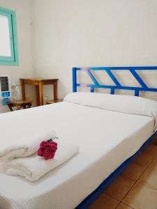 门多萨Black Sheep International Hostel的一张白色的床,上面有红玫瑰