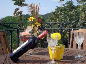 AlgatocínEl Algarrobo by CasaTuristica的一张桌子上放着一瓶葡萄酒,放上两杯