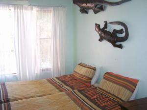 圣卢西亚鹈鹕街57号酒店的卧室配有一张床,墙上挂着恐龙头骨