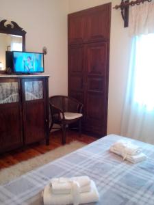 圣季米特里奥斯Pension Panos的一间卧室配有一张床、电视和椅子