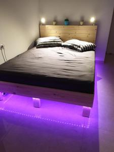 Beʼer Oraסויטה בלב המדבר.的一间卧室配有一张紫色灯床