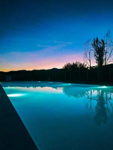 隆达芦苇地餐厅酒店的水池,背景是日落
