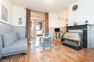 布鲁日Charmant appartement met zicht Damse vaart @Brugge的带沙发和壁炉的客厅