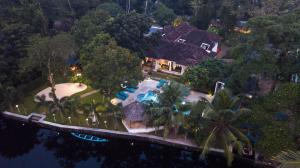 马拉利库兰Flamingo Boutique Hotel & Ayurvedic spa的享有带游泳池的房屋的空中景致