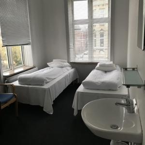 哥本哈根欧洲环球酒店的酒店客房设有两张床、一个水槽和水槽
