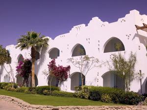 沙姆沙伊赫Holiday Rooms Domina Coral Bay的一座白色的建筑,前面有棕榈树