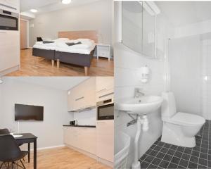南泰利耶Chefens Hotell的一间带水槽和卫生间的浴室以及一间卧室