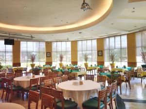 素叻钻石广场酒店的用餐室设有桌椅和窗户。