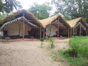 科纳卡Nature Camp Konark Retreat的两个带茅草屋顶的大型帐篷