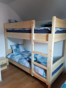 莫斯特拉纳Apartma Katja的配有蓝色床单的客房内的两张双层床