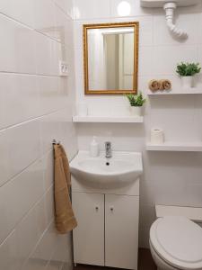 尼赖吉哈佐Lia Apartman的白色的浴室设有水槽和卫生间。