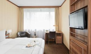 杜塞尔多夫Living Hotel Düsseldorf的配有一张床和一台平面电视的酒店客房