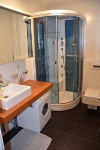 滨湖采尔Apartment Kendlbacher的带淋浴、盥洗盆和洗衣机的浴室